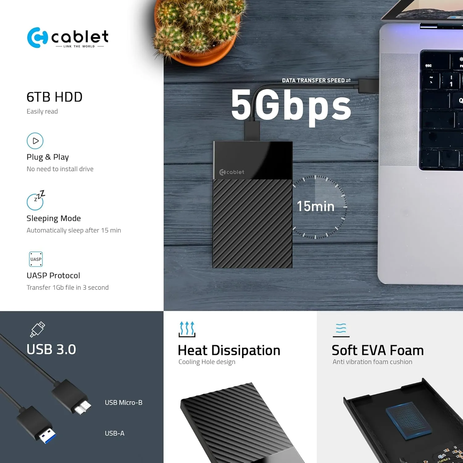 Cablet SSD Casing 2.5 Inch Sata Enclosure USB 3.2 (HD2577-U3) view 2